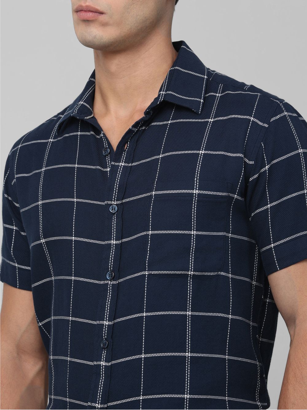 Navy Windowpane Check Slim Fit Casual Shirt