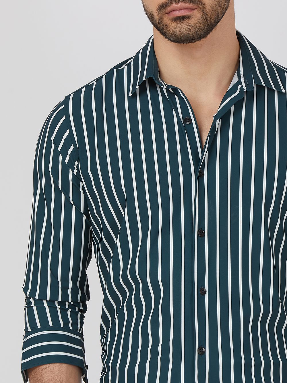 Dark Green Bengal Stripe Stretch Slim Fit Casual Shirt