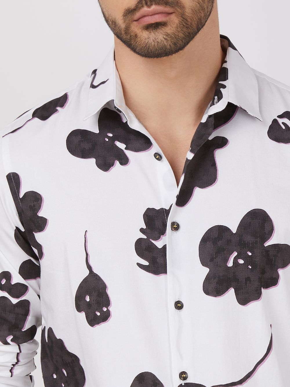 White Floral Print Slim Fit Casual Shirt