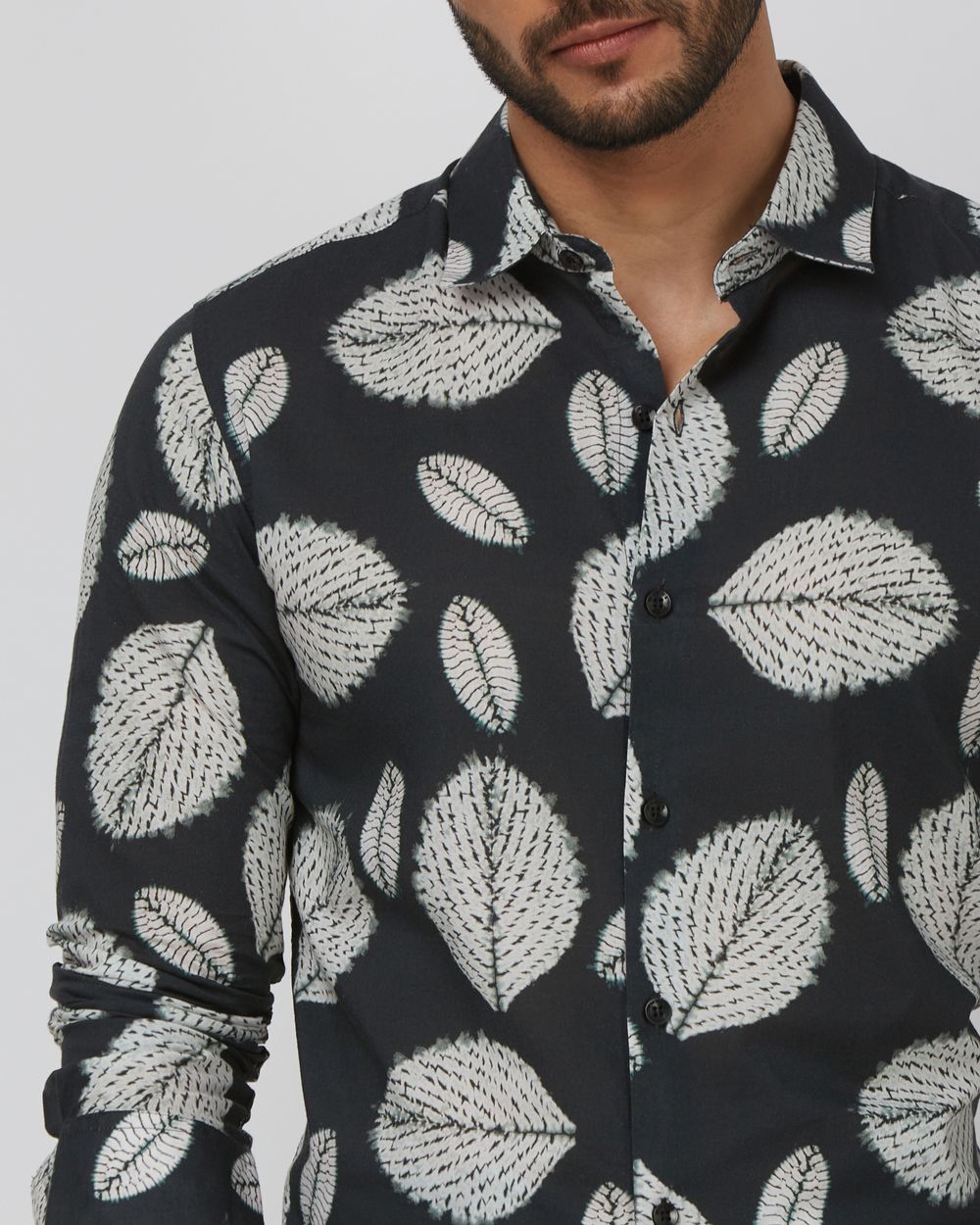 Dark Green Leaf Print Slim Fit Casual Shirt