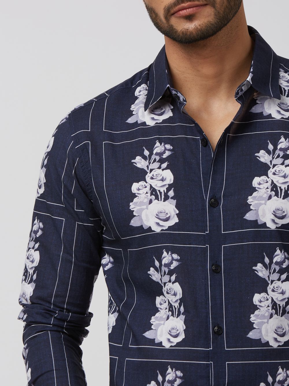 Navy Floral Print Slim Fit Casual Shirt