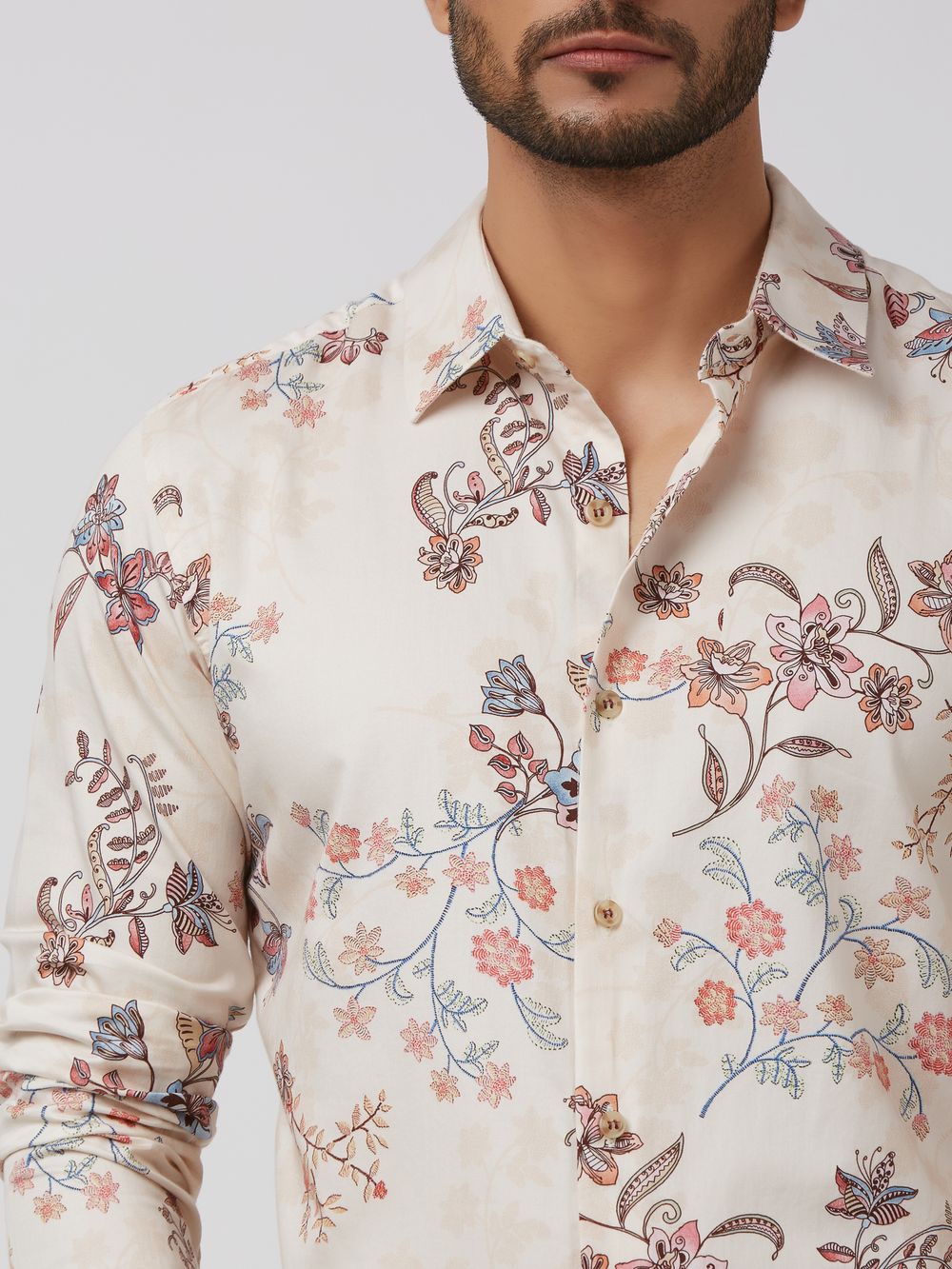 Beige Floral Print Slim Fit Casual Shirt