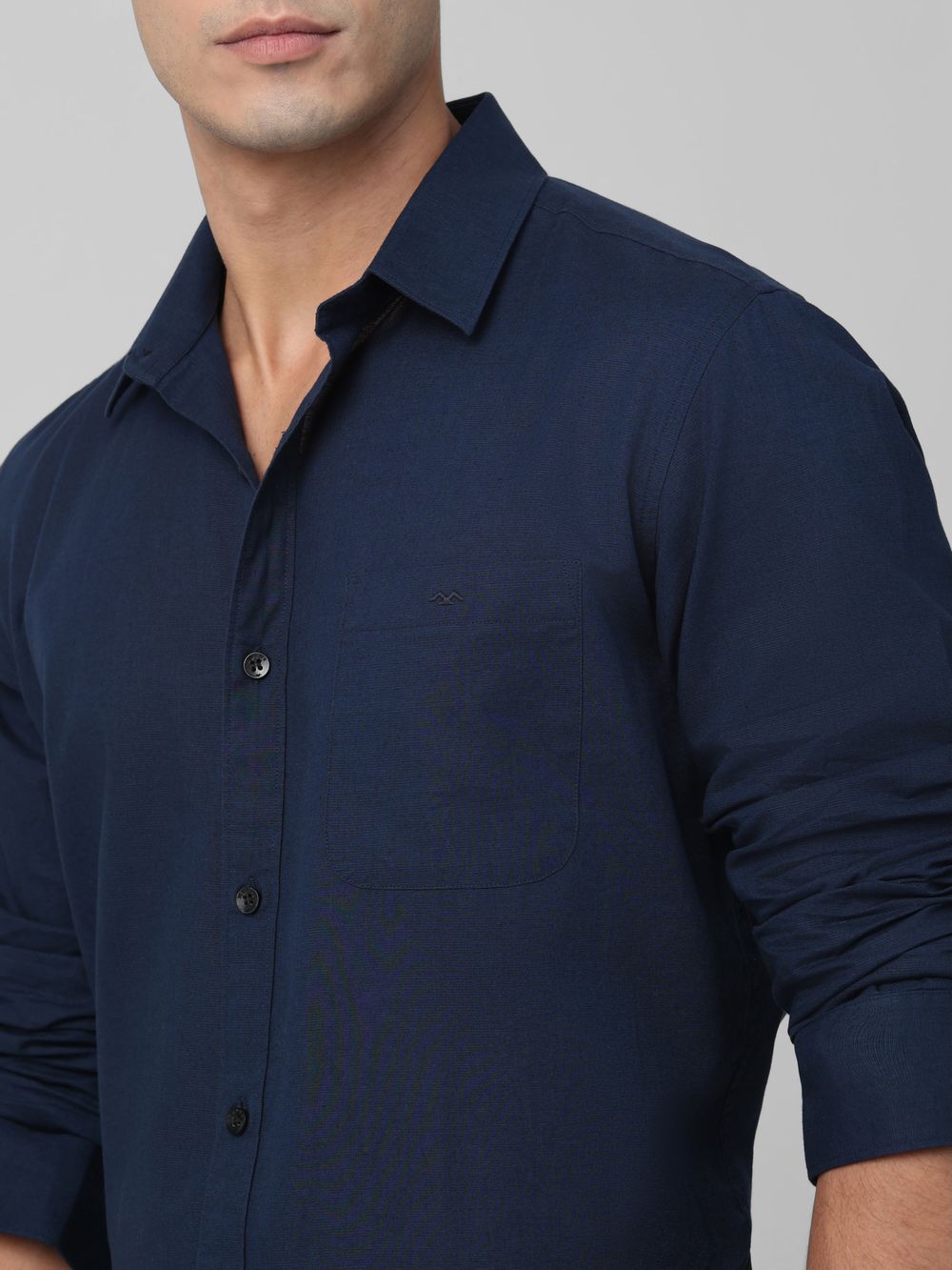 Navy Cotton Linen Plain Slim Fit Casual Shirt