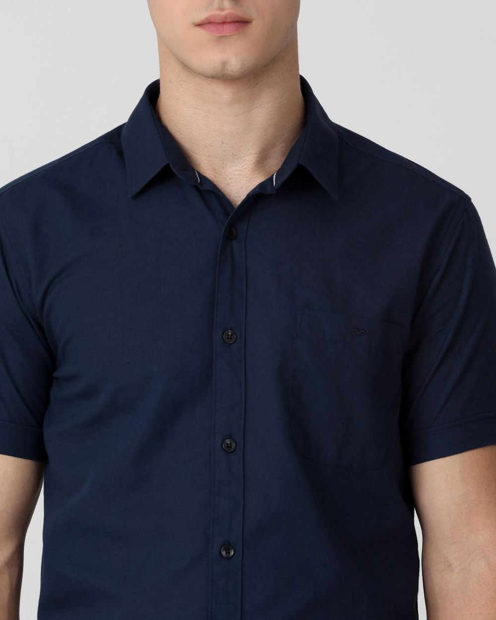 Navy Cotton Linen Plain Slim Fit Casual Shirt