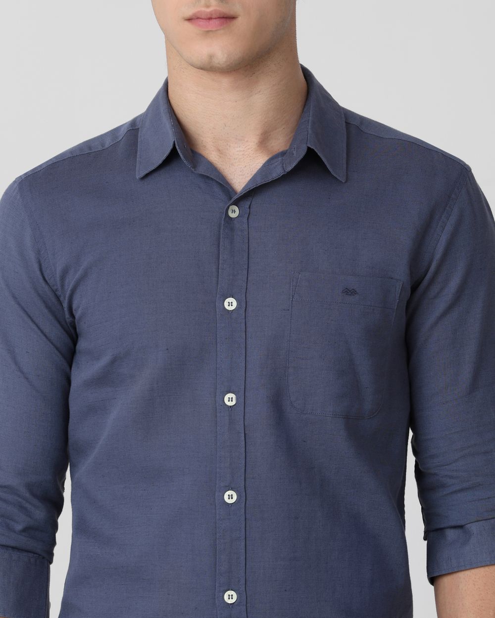 Blue Grey Cotton Linen Plain Slim Fit Casual Shirt