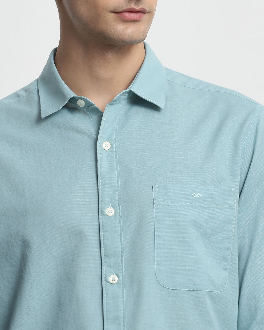 Turquoise Cotton Linen Plain Slim Fit Casual Shirt