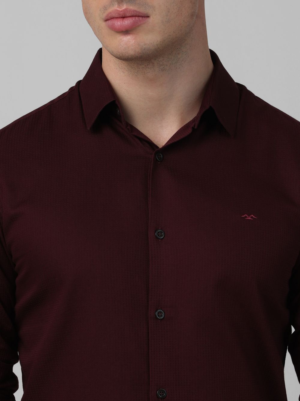 Maroon Textured Plain Slim Fit Casual Shirt