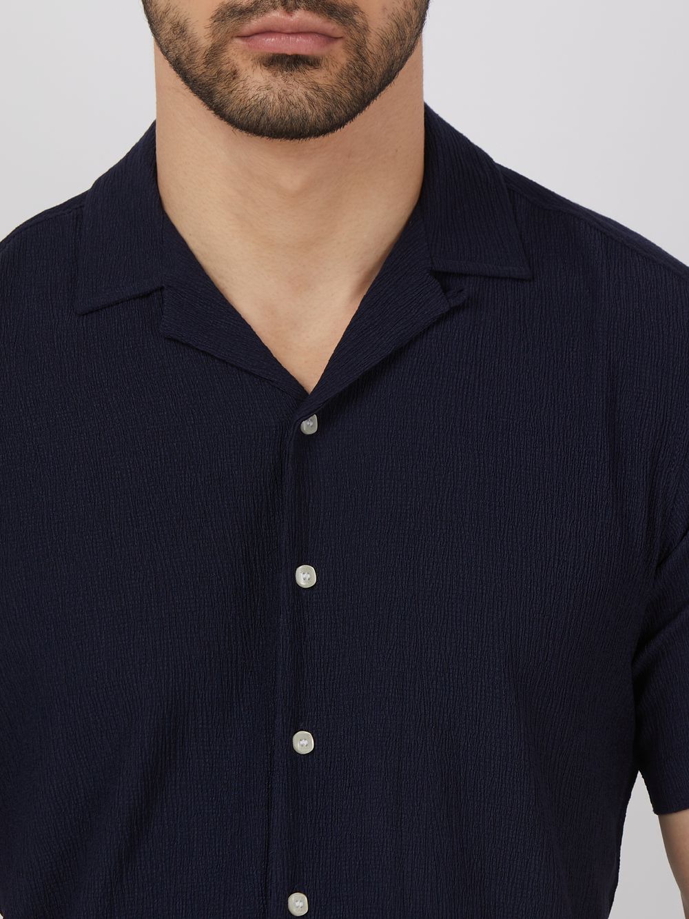 Navy Textured Plain Relaxed Fit Casual Shirt