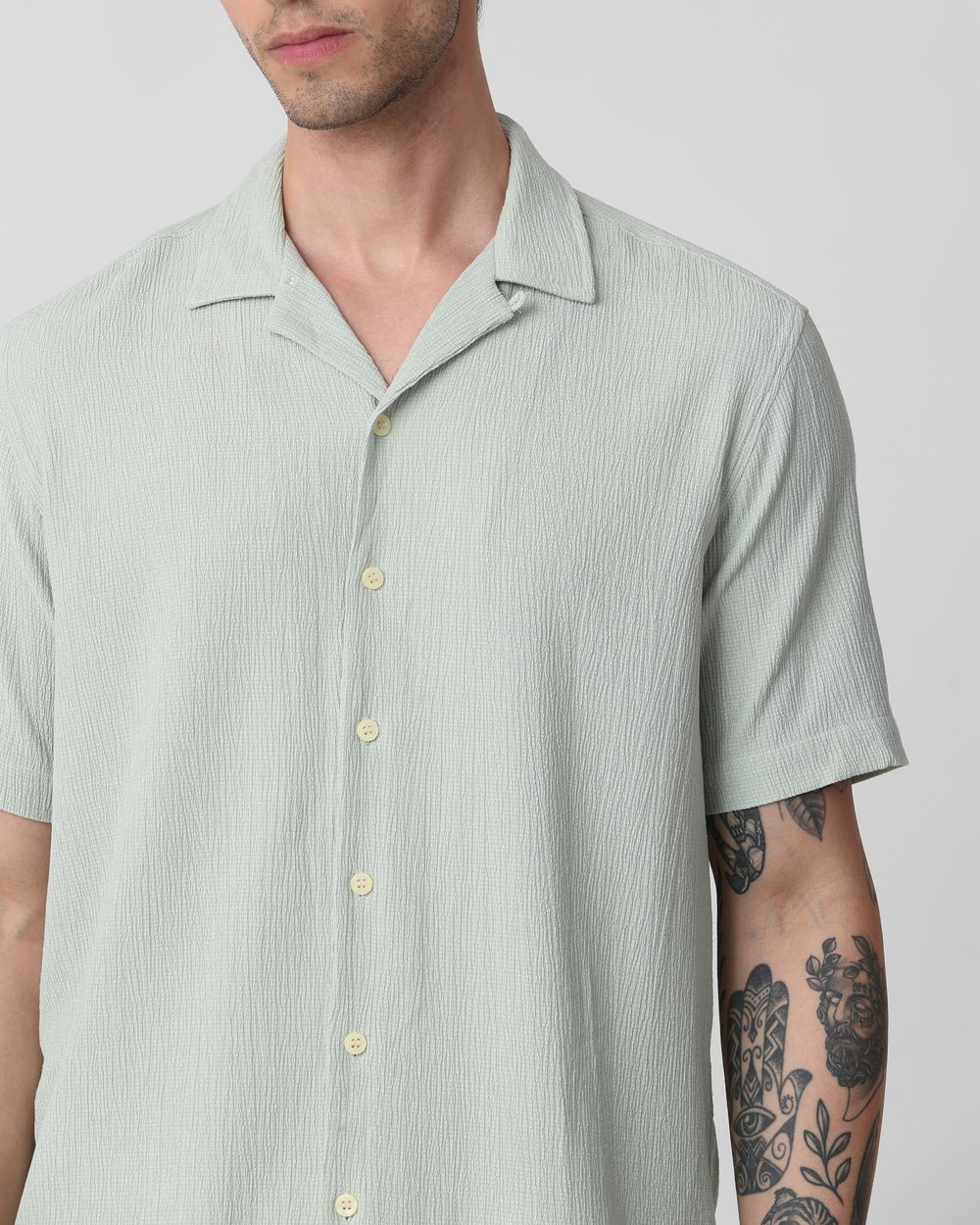 Light Green Textured Plain Relaxed Fit Casual Shirt