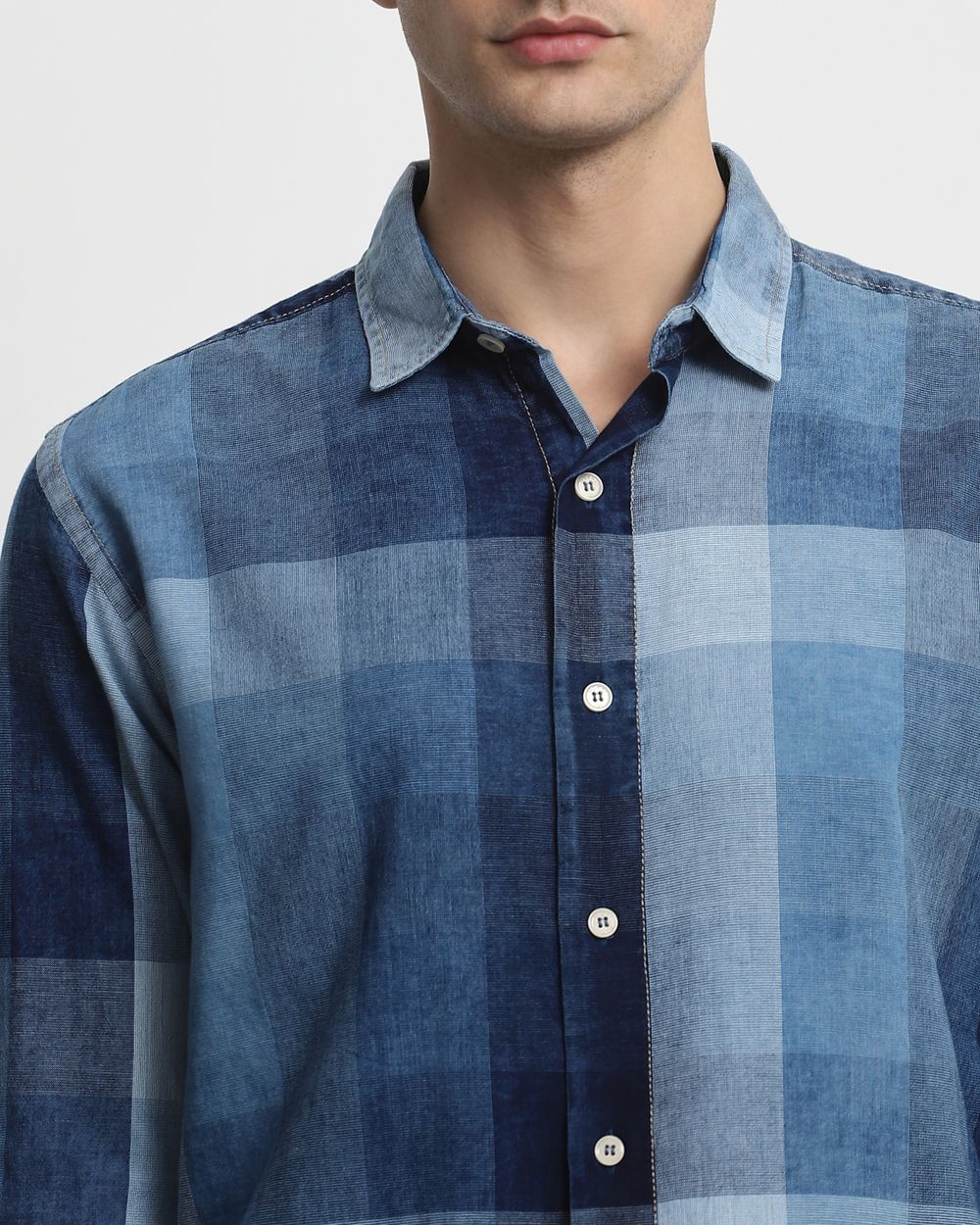 Mid Blue Denim Check Slim Fit Casual Shirt