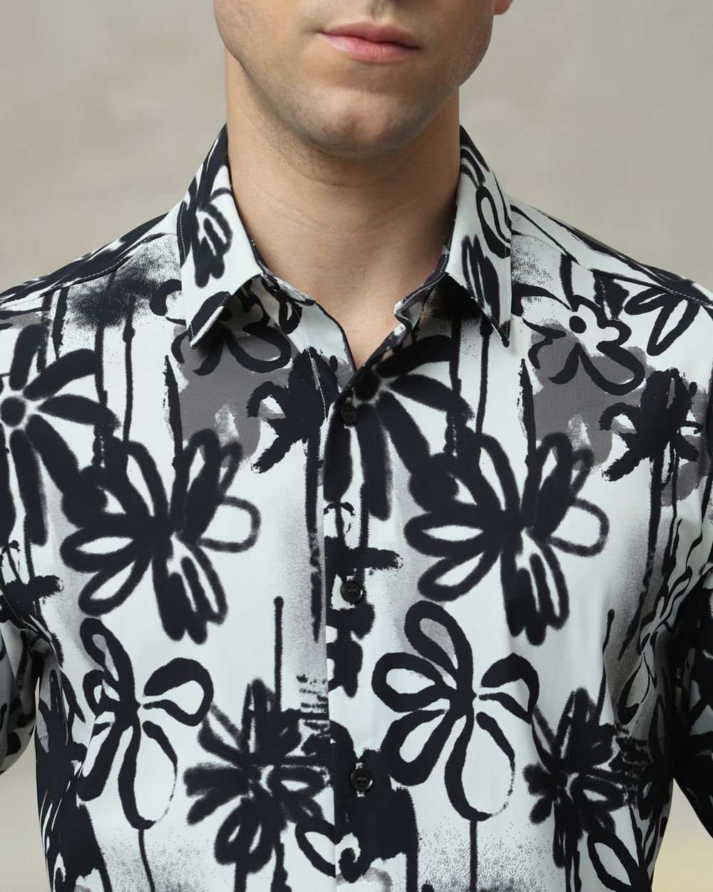 Black Scuba Print Stretch Slim Fit Casual Shirt