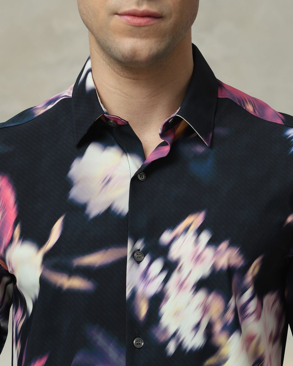 Black Scuba Print Stretch Slim Fit Casual Shirt