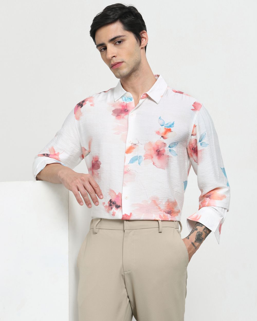 White Floral Print Slim Fit Casual Shirt