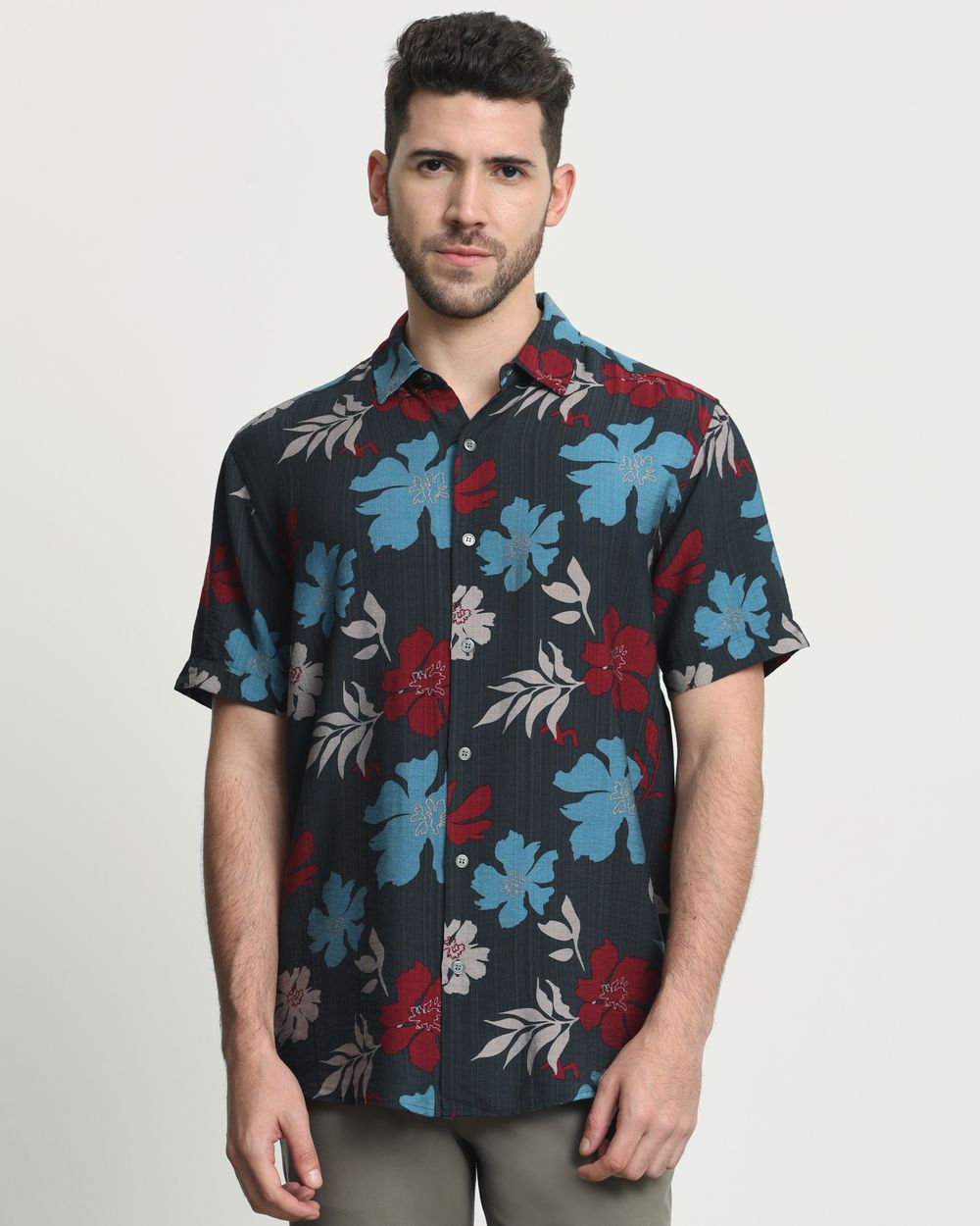 Dark Green Floral Print Slim Fit Casual Shirt