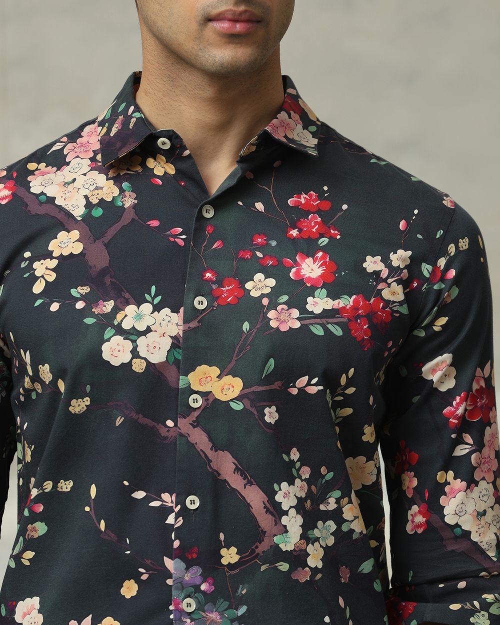 Dark Green Floral Print Slim Fit Casual Shirt