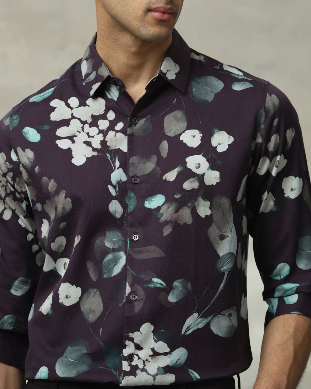 Maroon Floral Print Slim Fit Casual Shirt