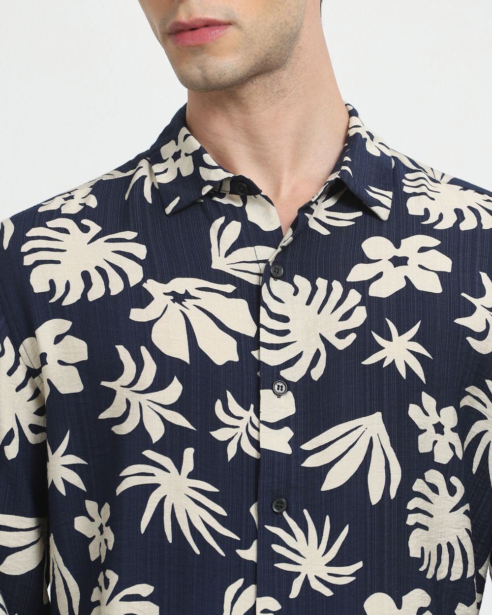 Navy Leaf Print Slim Fit Casual Shirt