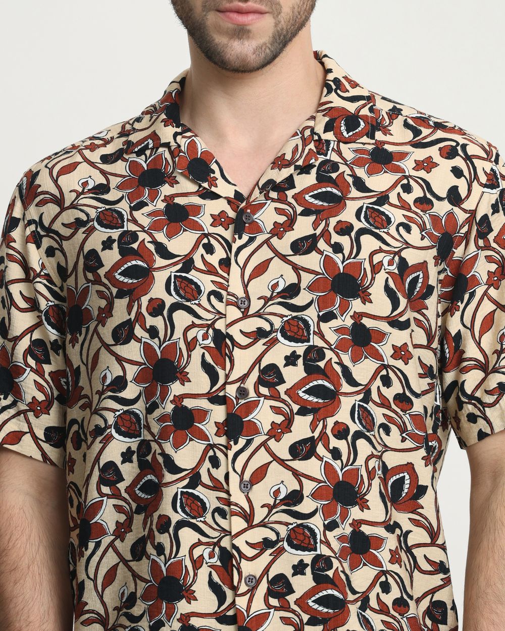 Light Khaki Floral Print Relaxed Fit Casual Shirt