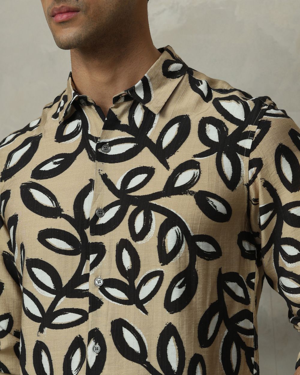 Light Khaki Leaf Print Slim Fit Casual Shirt