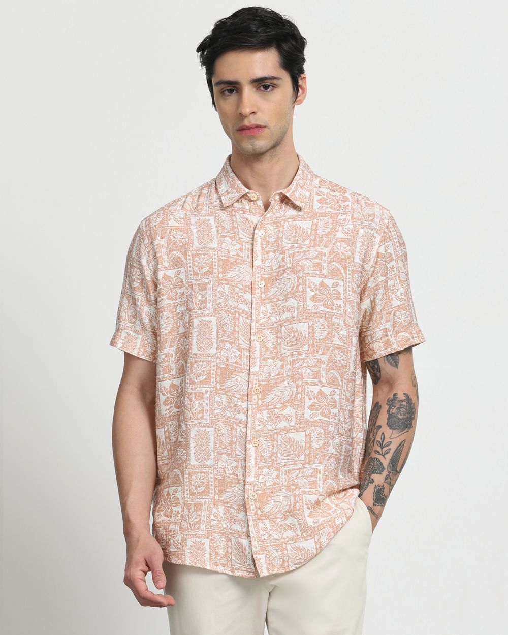 Peach Resort Print Slim Fit Casual Shirt