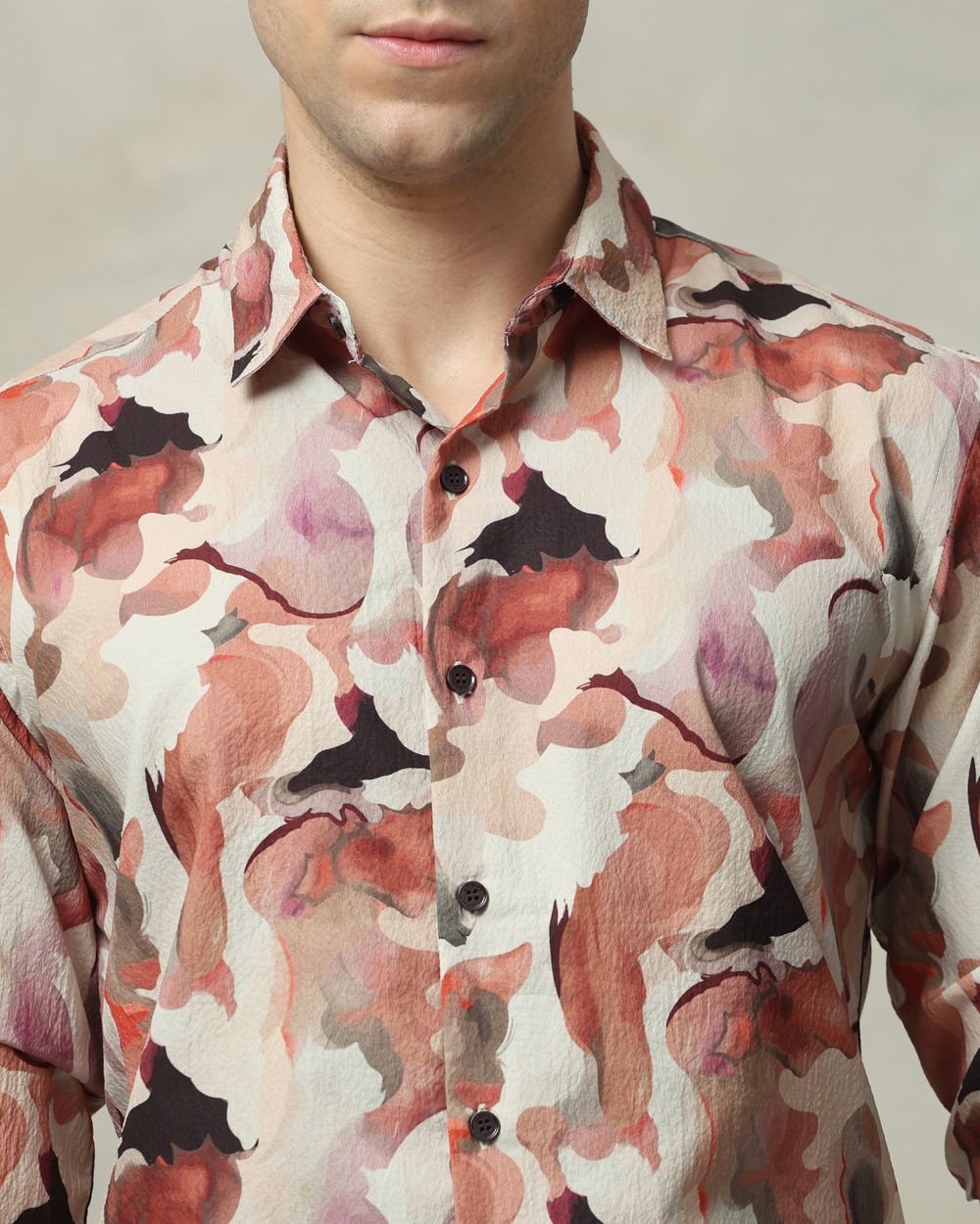 Rust Abstract Print Stretch Slim Fit Casual Shirt