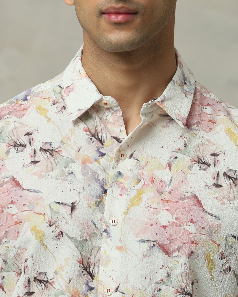 Off White Floral Print Stretch Slim Fit Casual Shirt
