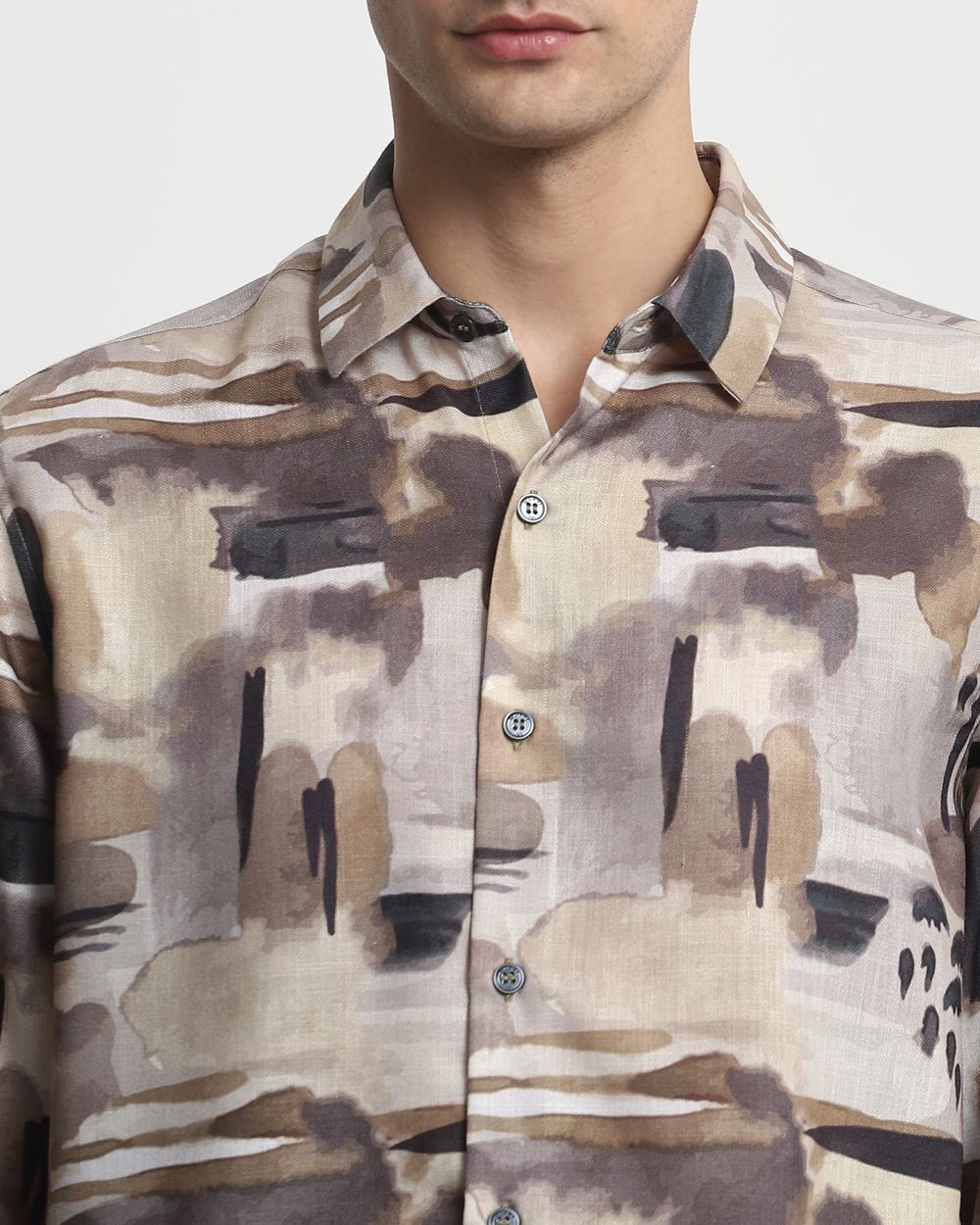 Light Olive Digital Print Slim Fit Casual Shirt