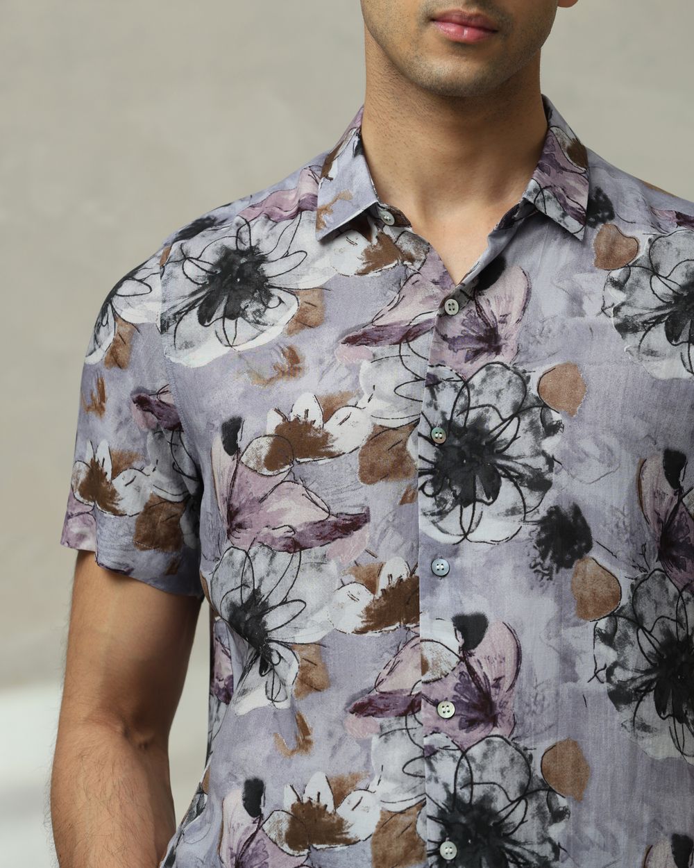 Lilac Floral Print Slim Fit Casual Shirt