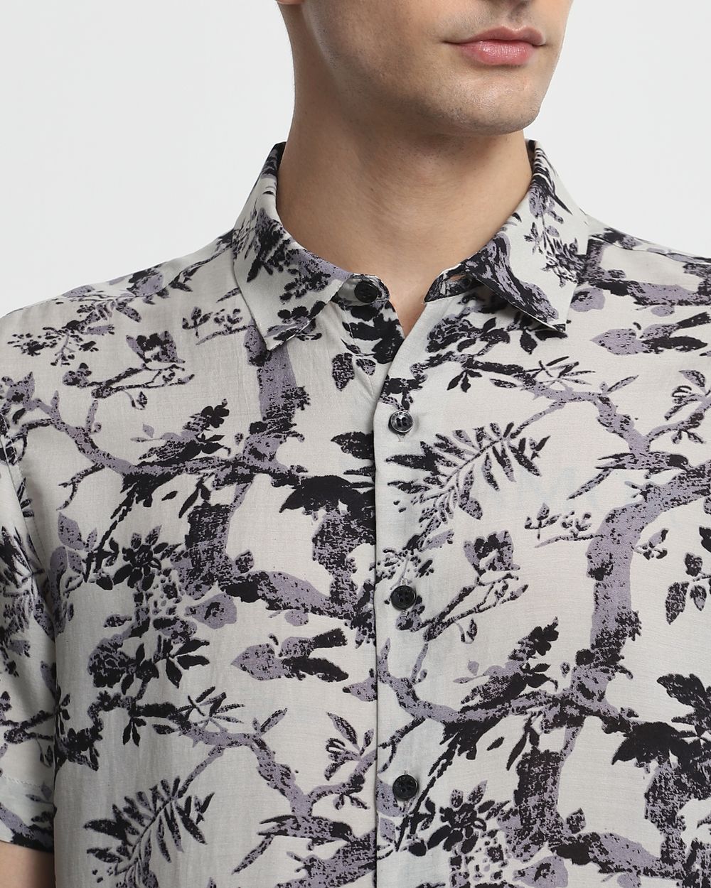 Light Grey Foliage Print Slim Fit Casual Shirt