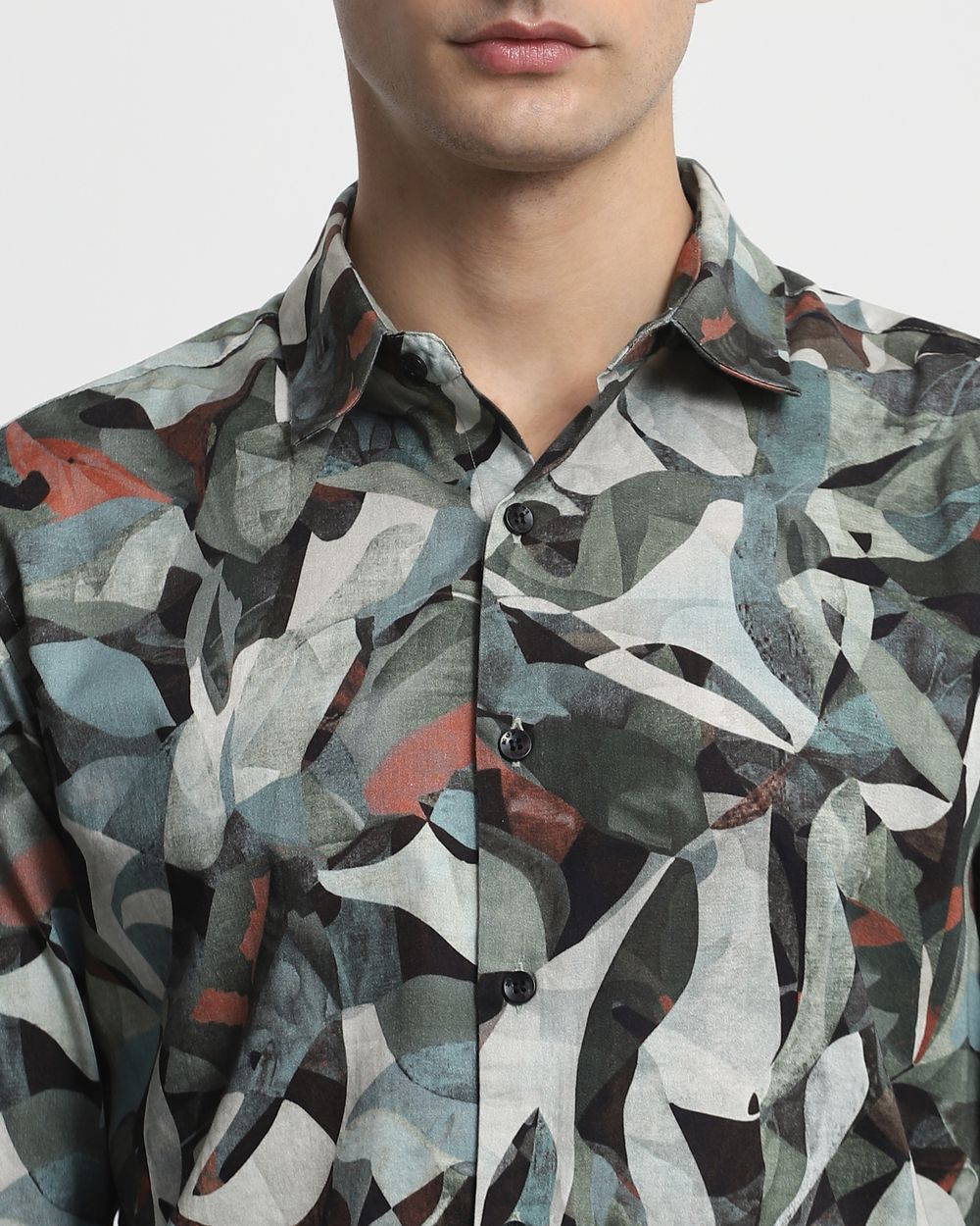 Olive Digital Print Slim Fit Casual Shirt