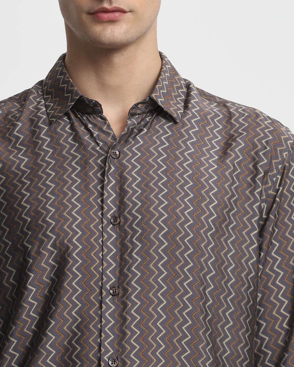Grey Chevron Print Slim Fit Casual Shirt