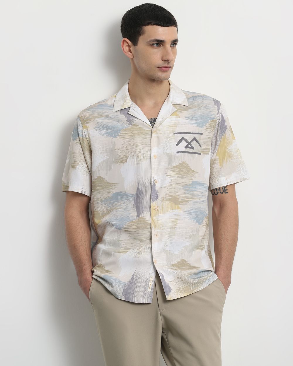 Beige Resort Print Relaxed Fit Casual Shirt