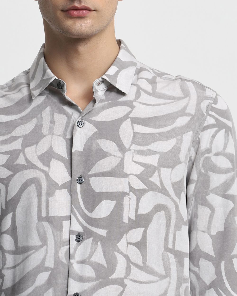 Light Grey Abstract Print Slim Fit Casual Shirt