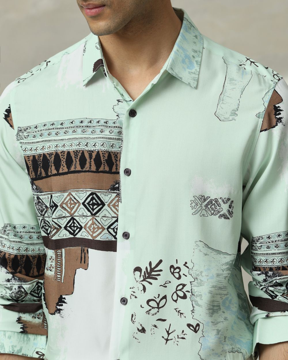 Light Green Digital Print Slim Fit Casual Shirt
