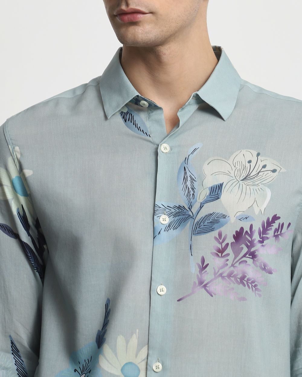 Sage Floral Print Slim Fit Casual Shirt