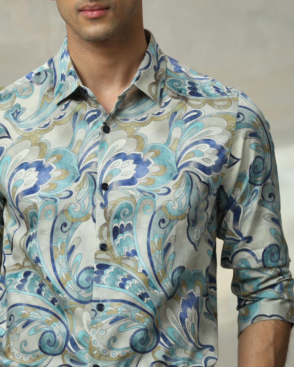 Teal Leaf Print Slim Fit Casual Shirt