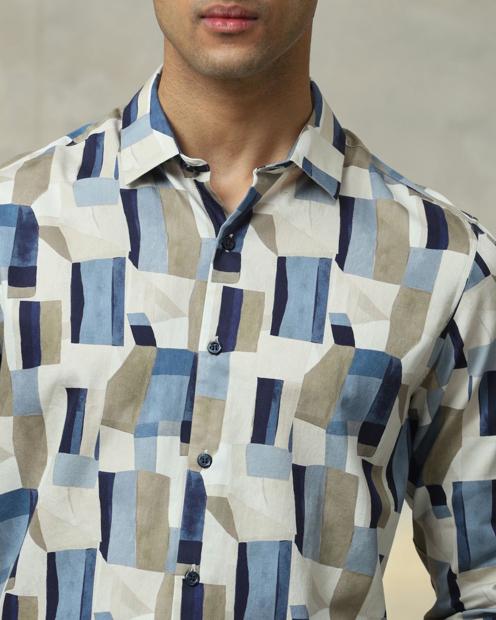 Beige Abstract Print Slim Fit Casual Shirt