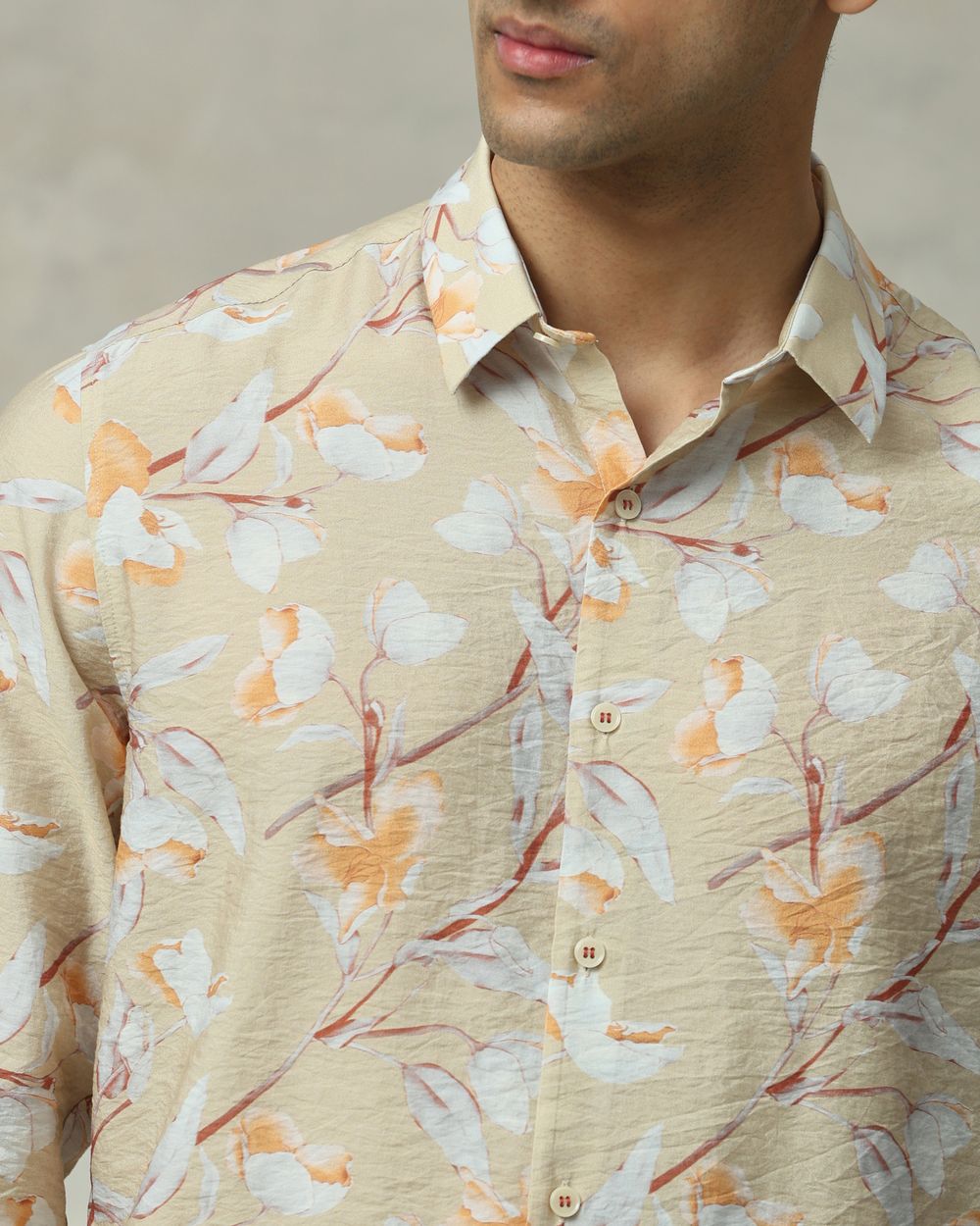 Beige Floral Print Slim Fit Casual Shirt