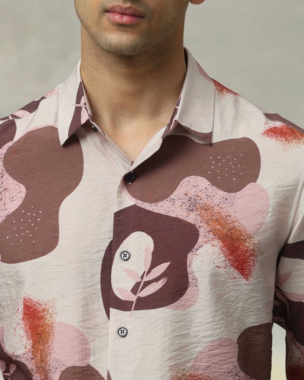 Brown Leaf Print Slim Fit Casual Shirt