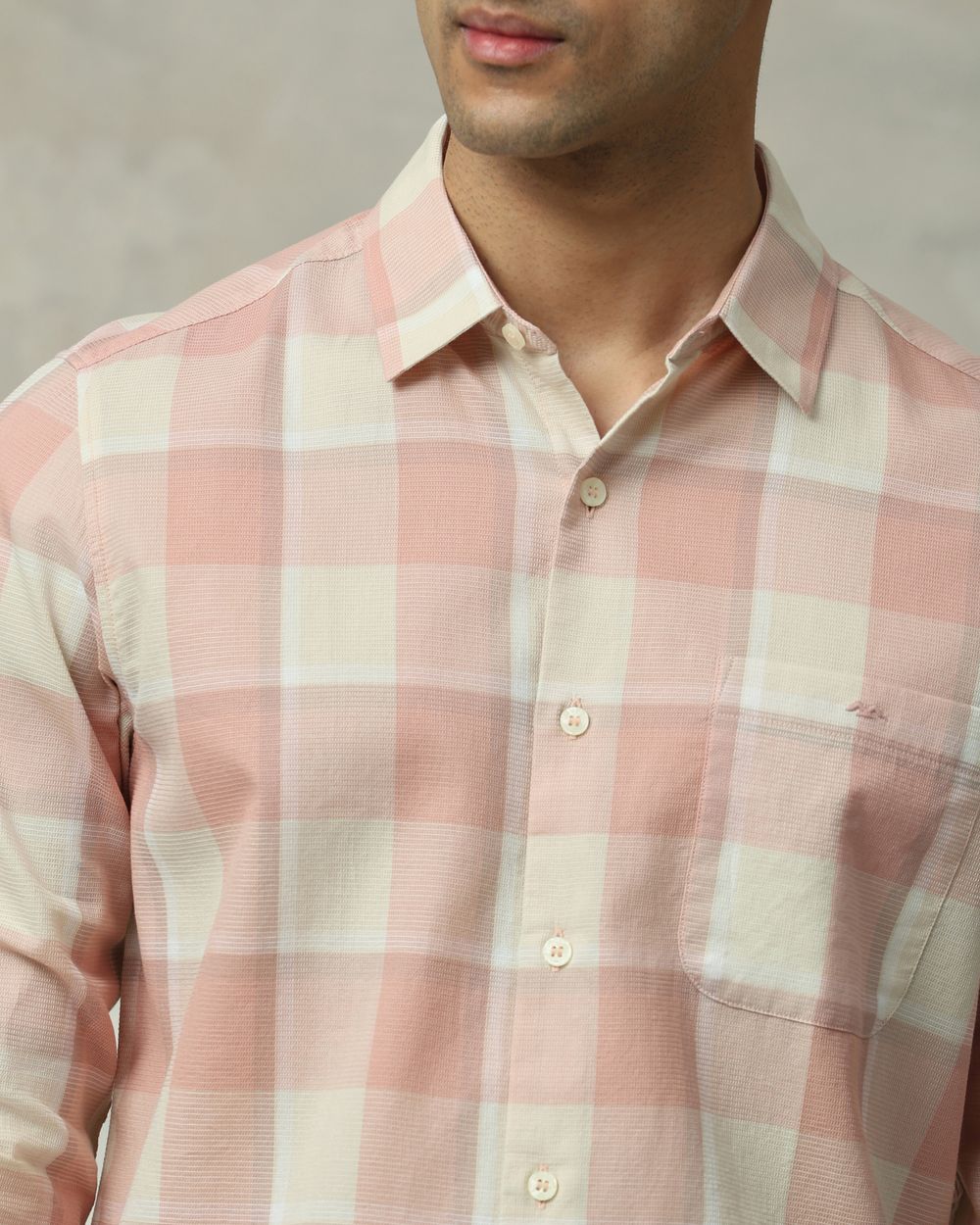 Pink Textured Check Slim Fit Casual Shirt