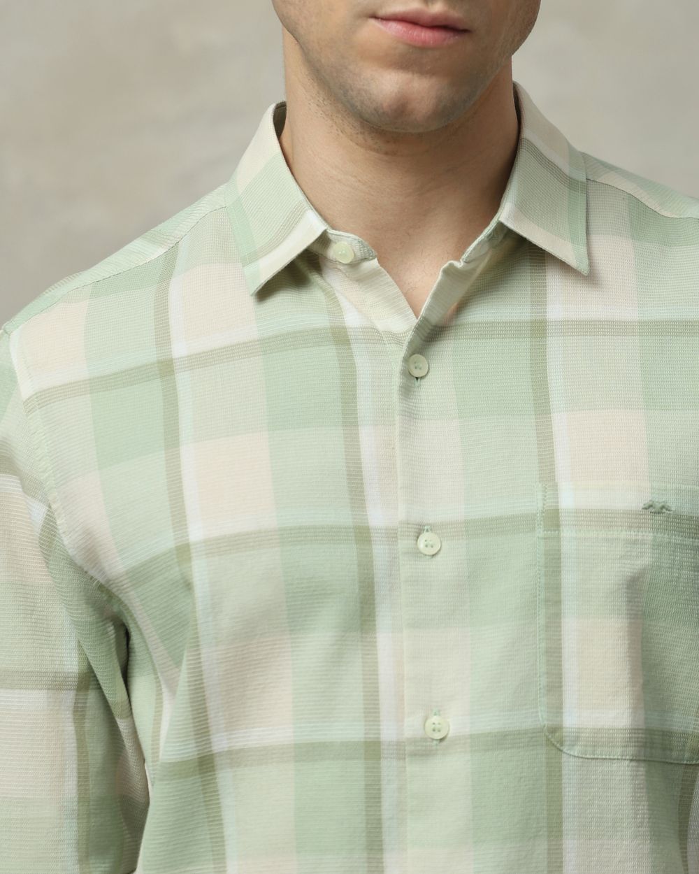 Light Green Textured Check Slim Fit Casual Shirt