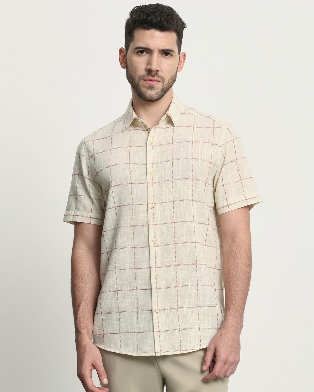 Beige Textured Check Slim Fit Casual Shirt