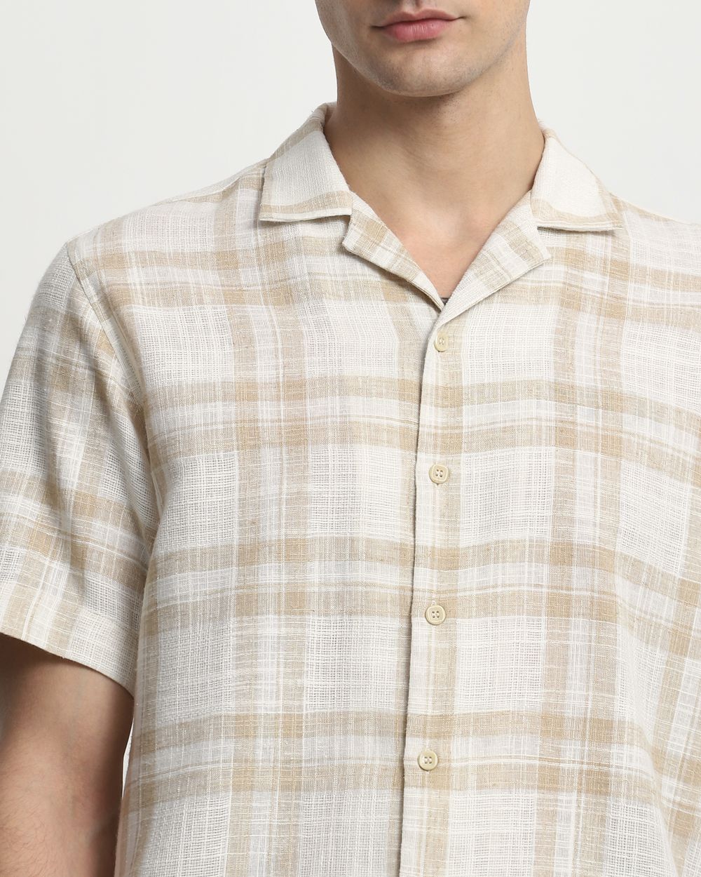 Beige Square Check Relaxed Fit Casual Shirt