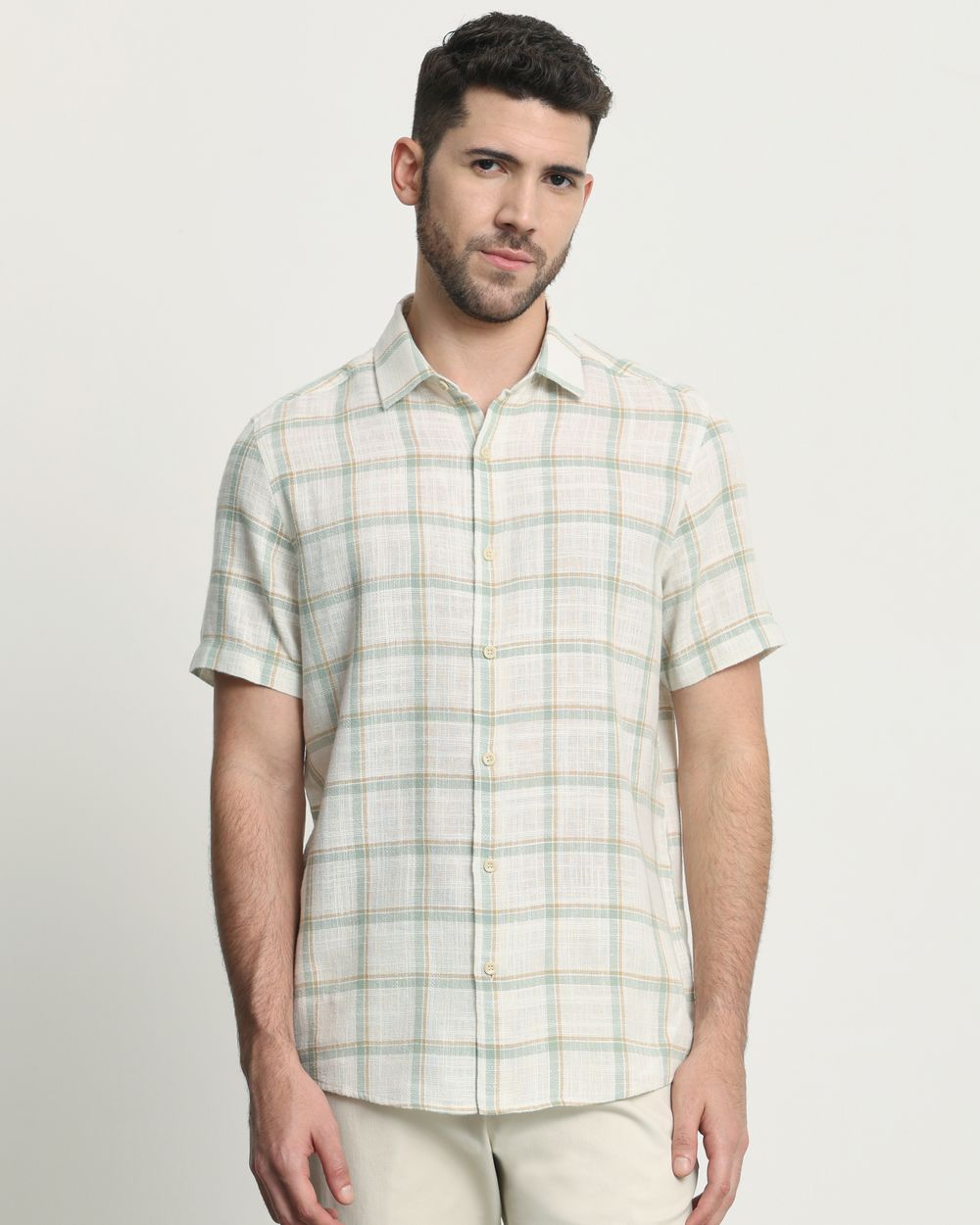 Off White Square Check Slim Fit Casual Shirt