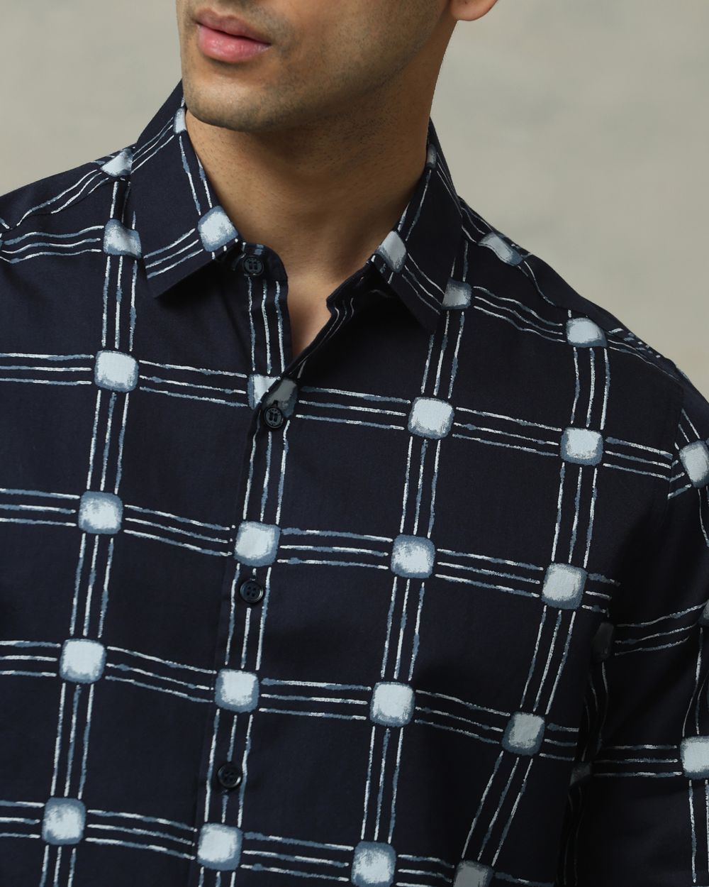 Navy Printed Check Slim Fit Casual Shirt