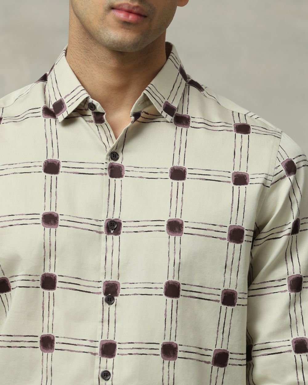 Beige Printed Check Slim Fit Casual Shirt