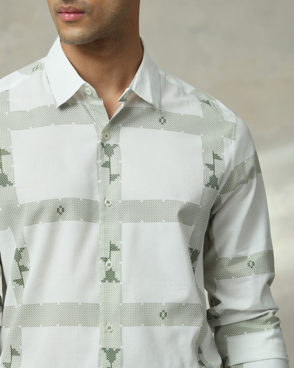 White Printed Check Slim Fit Casual Shirt