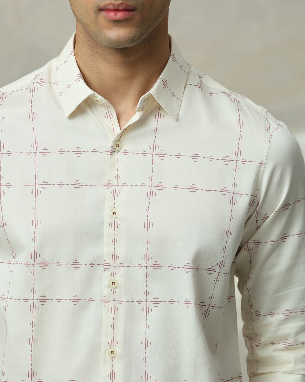 Off White Printed Check Slim Fit Casual Shirt