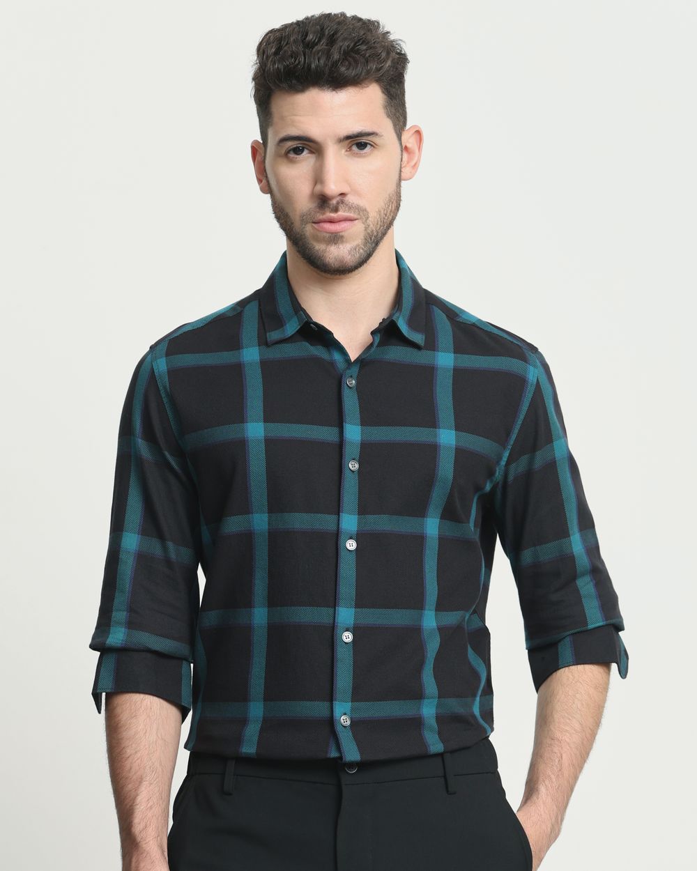 Black Large Check Slim Fit Casual Shirt