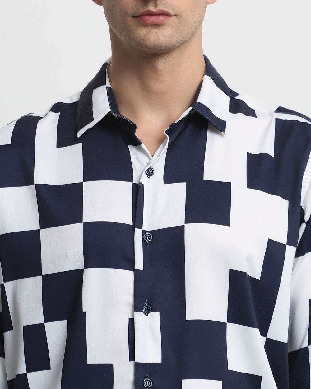 Navy Large Check Stretch Slim Fit Casual Shirt